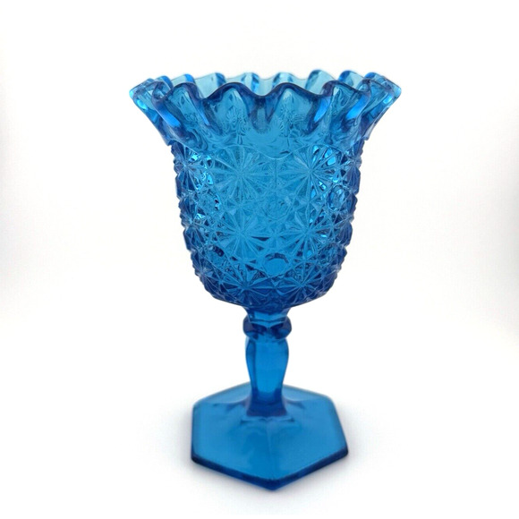 VTG MCM LE Smith Pressed Glass DAISY & BUTTON Blue Ruffled 6 1/2" Compote Vase - Picture 6 of 10